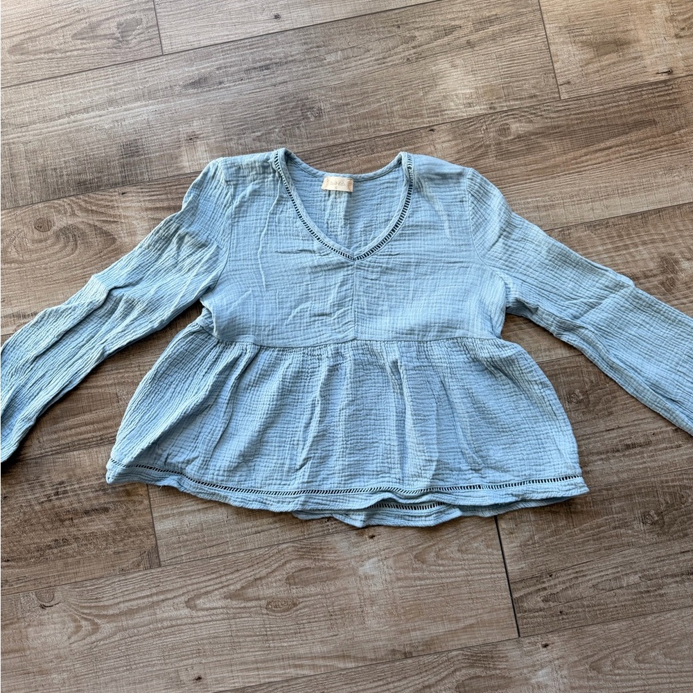 Light Blue Long Sleeve Peplum V-Neck Top - small